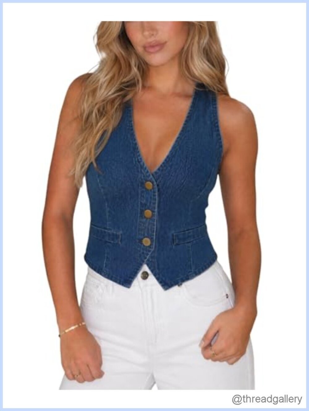 Sleeveless V-Neck Denim Vest Top Cropped Waistcoat Button Front